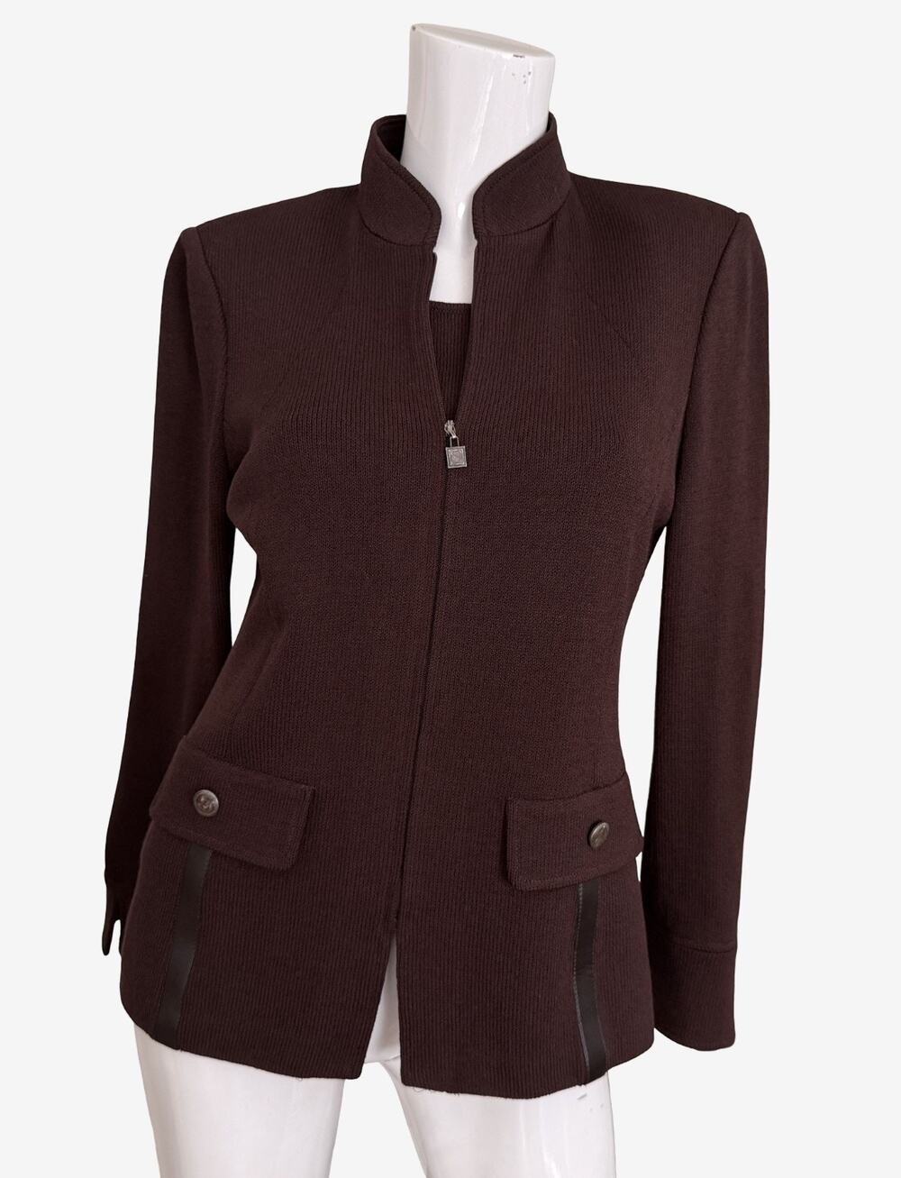 St. John Santana Knit 2 Piece Twin Set Jacket & Cami Leather Trim Brown Size 4 P